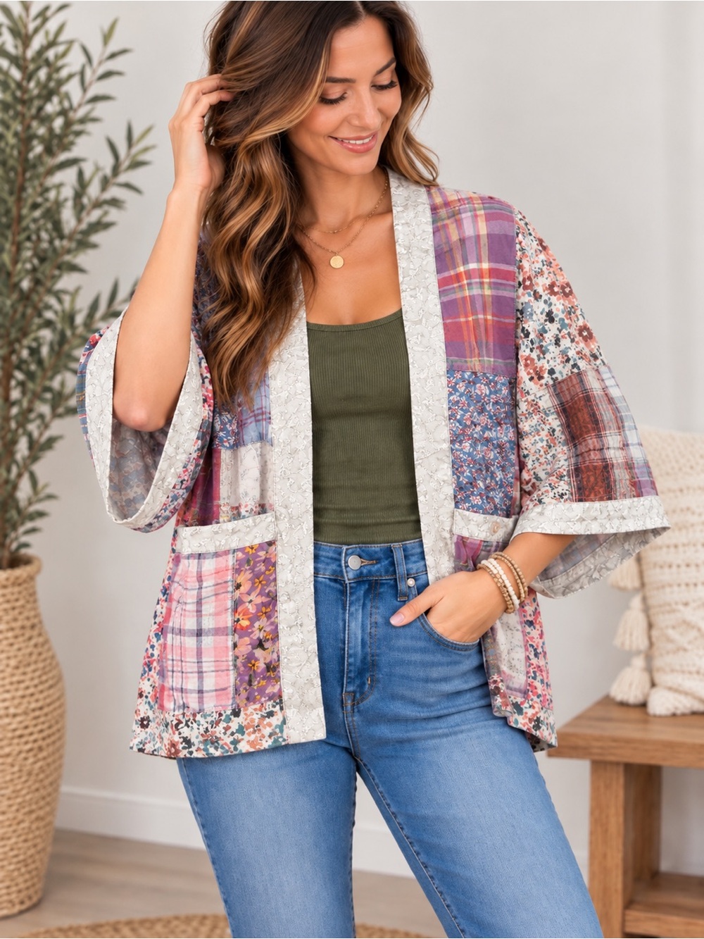 506. Women's Olive Green & Gray Boho Patchwork Kimono